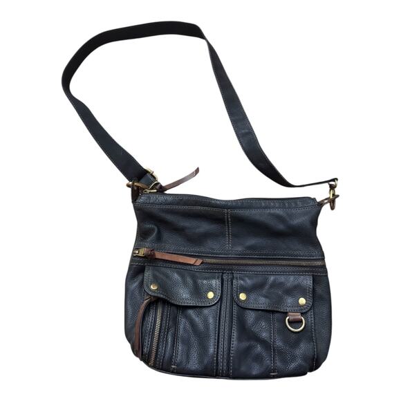 Fossil Black Leather Crossbody Bag –Multi Pocket Messenger Purse, Brass Hardware - Picture 1 of 8